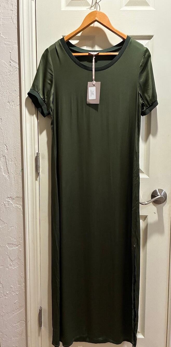 NWT SAIPH Italy Olive Green Viscose Maxi Dress Ribbed Knit Trim